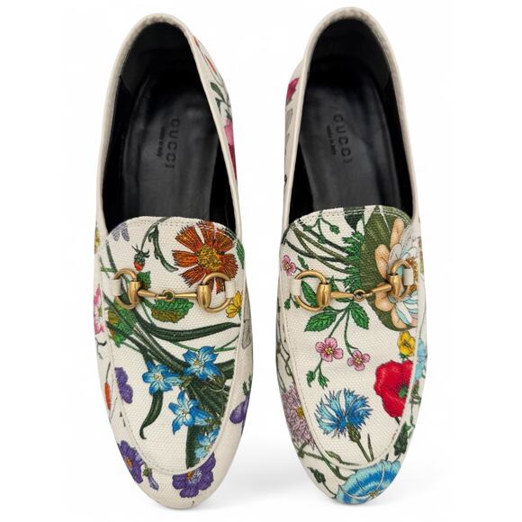Gucci Shoes - Gucci Jordaan Horsebit Loafer Cream White Floral Canvas Size 37 US 7 Flat Shoe